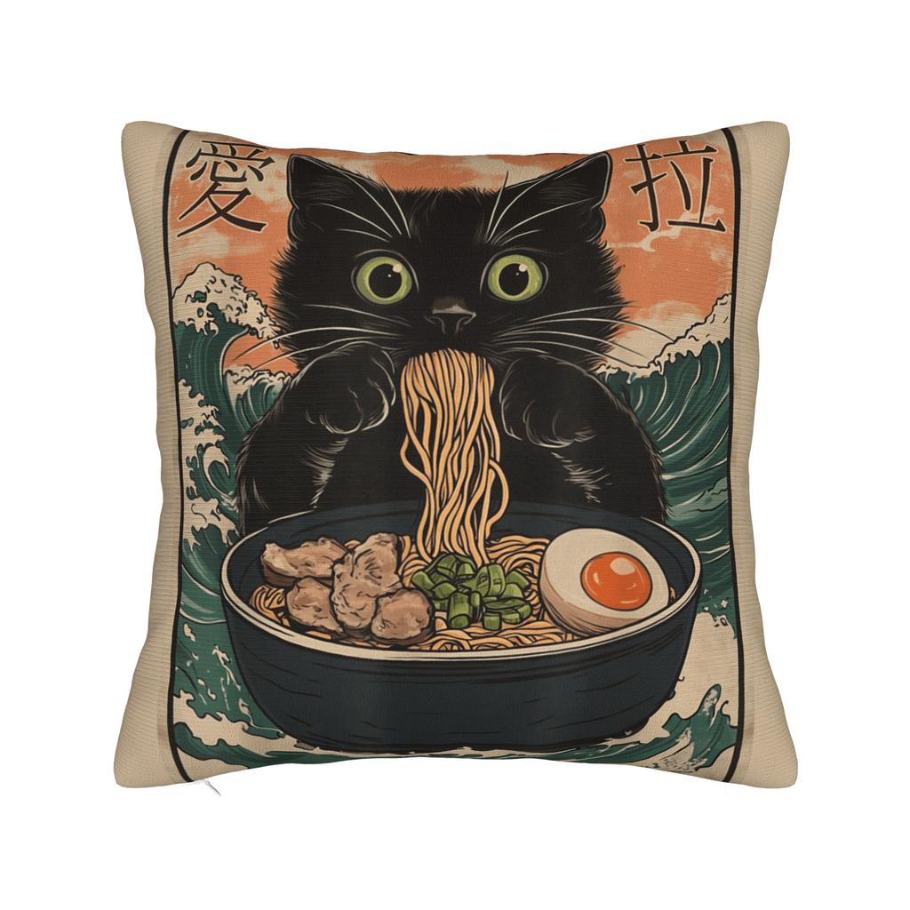 Funny Black Fat Cat Eating Ramen Pillowcases Kawaii Pillow Case For Sofa Couch Bed Living Room Design Pillow Cover