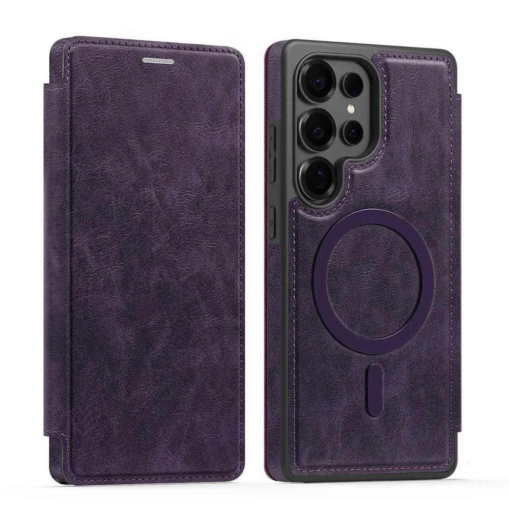 For MagSafe RFID Blocking Flip Leather Phone Case Samsung Galaxy S25 Edge S24 S23 Ultra S22 Plus Wallet with Card Holder Cover