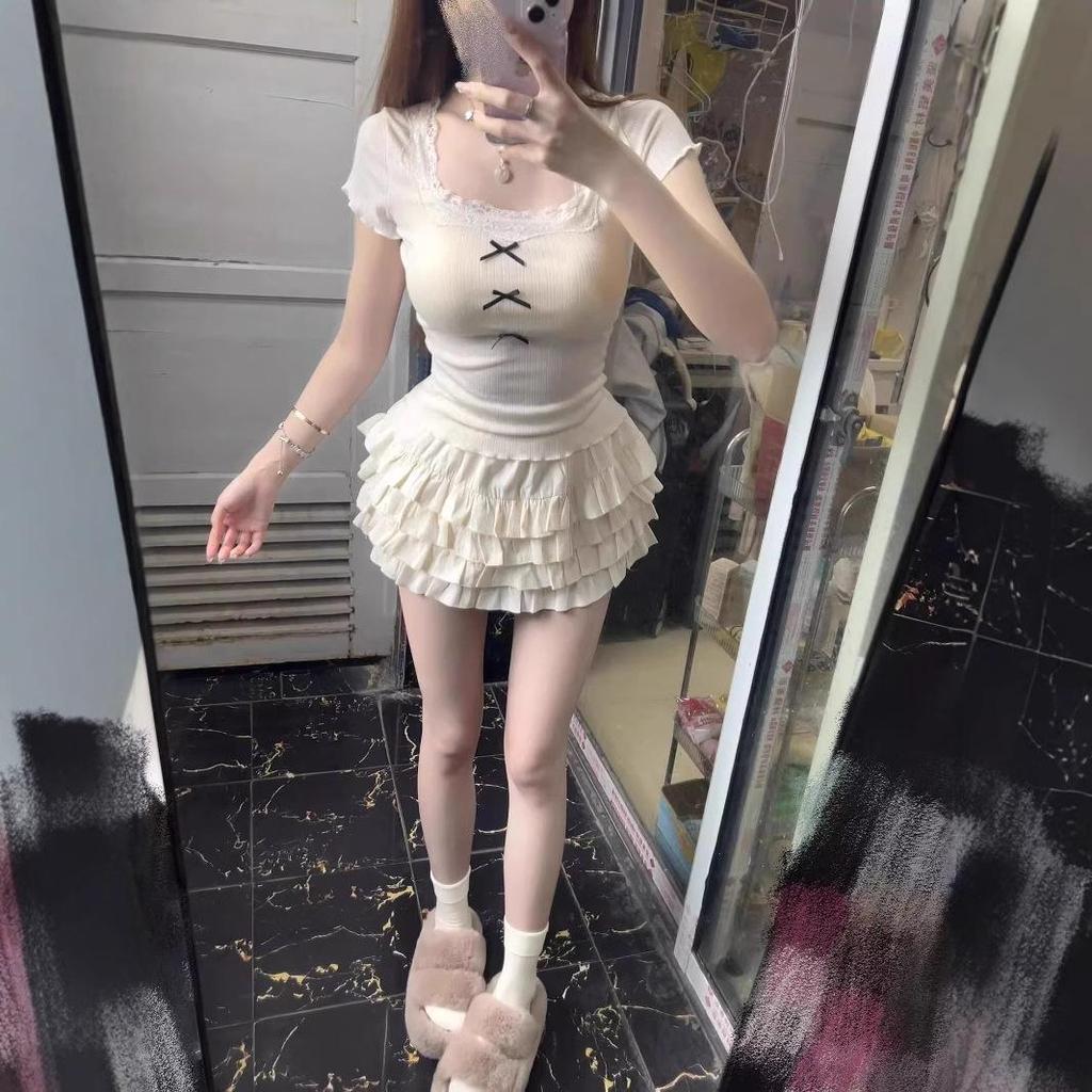 Lace Trim Patchwork Short Sleeve T-Shirt for Women - Spring/Summer Petite Straight Shoulder Top