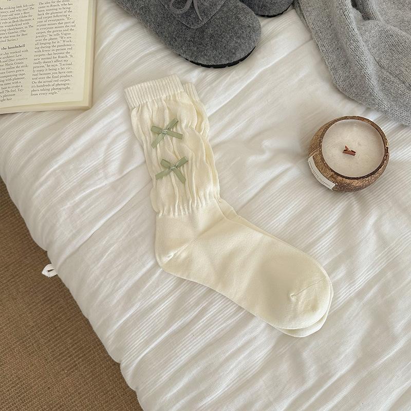 

Милые гольфы с бантиком, летние махровые носки, носки для милой девушки, женские носки до середины икры, весенне-осенние стили 1 pair молочный белый