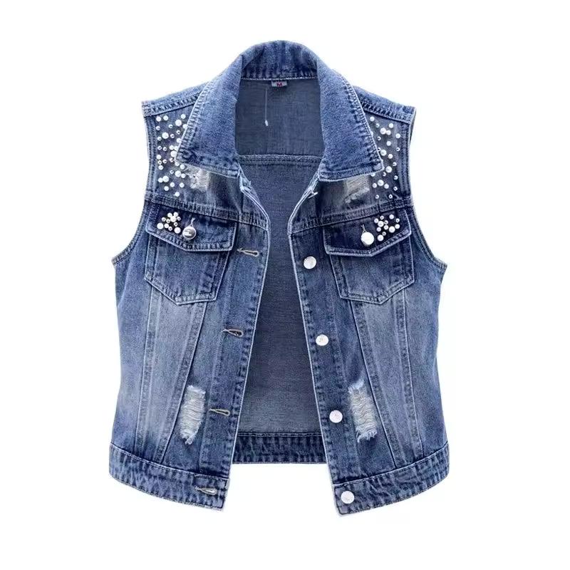Women Denim Vest Pearls Spring Autumn Jeans Jacket Sleeveless Loose Short Coat Waistcoats Streetwear Female