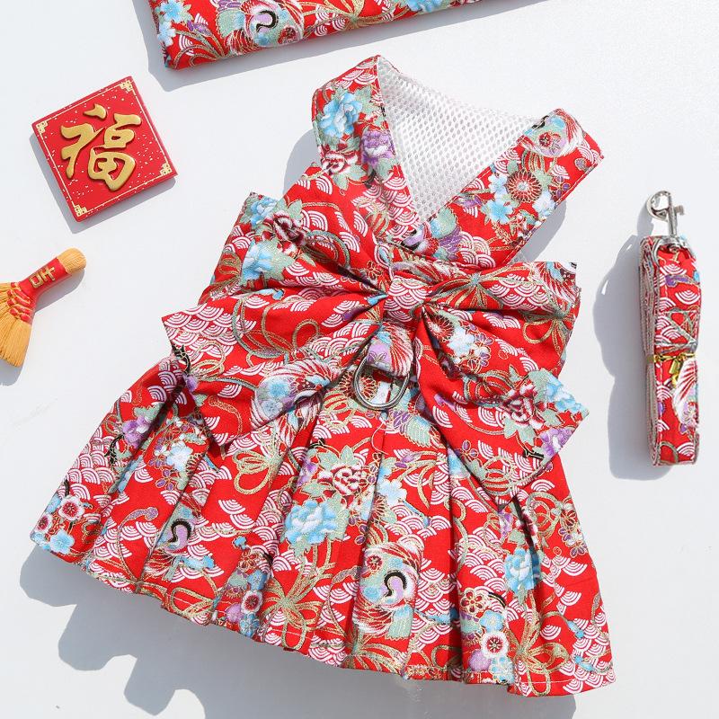 

Spring Festival Pet Dog Cat JK Skirt Chest Strap Traction Rope Teddy Walking Clothes Dog Rope Supplies S (bust 35CM recommends 3-2.5kg pets)