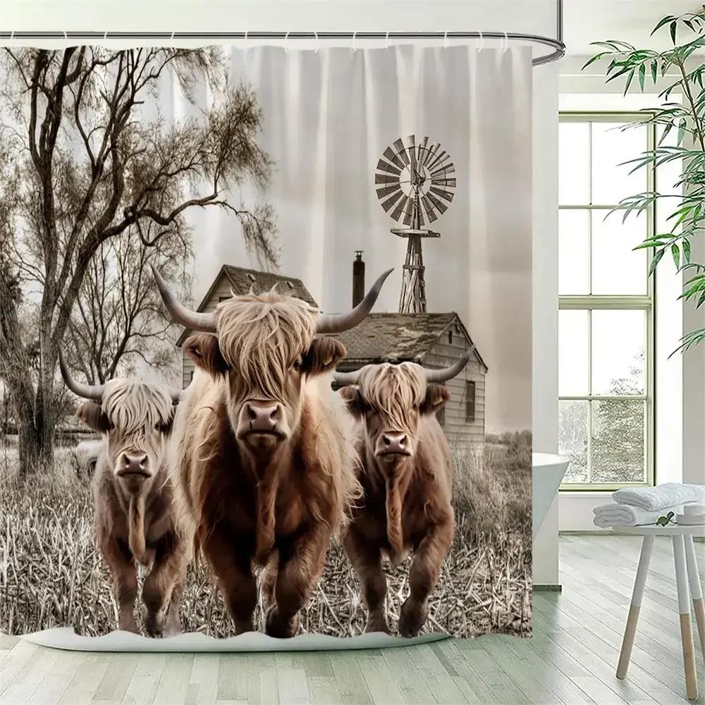 Funny Highland Cow Shower Curtain Farm Animal Sunflower Watercolour Flowers Farmhouse Polyester Fabric Bathroom Decor with Hooks