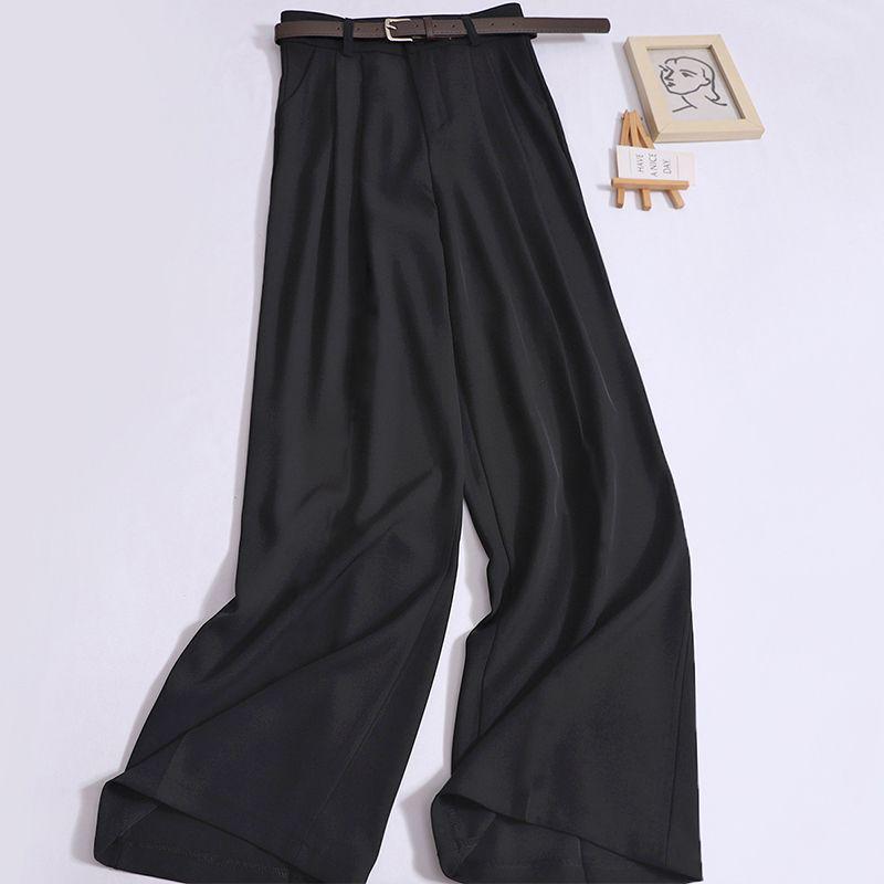 

Elegant Women s High-Waisted Wide-Leg Pants - Versatile, Slimming, Floor-Length Suit for Spring/Summer Black Short with Belt, Length 95cm