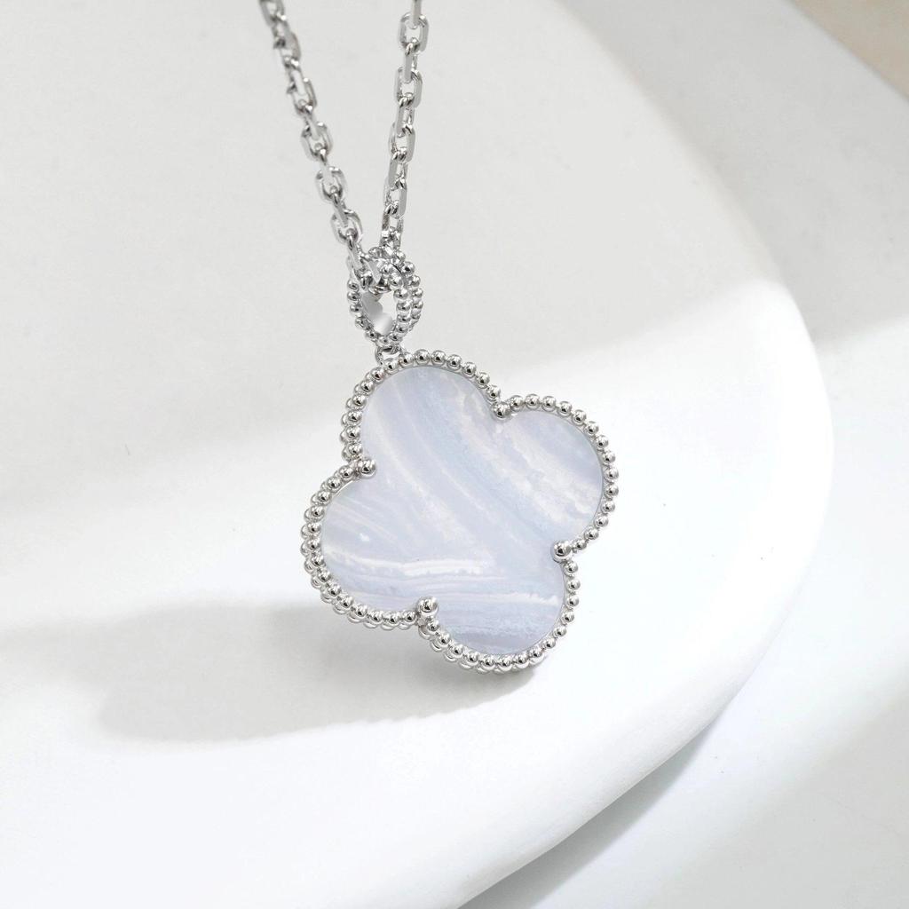 18K Gold-Plated V Design Four-Leaf Clover Necklace with Rose Red Chalcedony, Agate, and White Shell Pendant