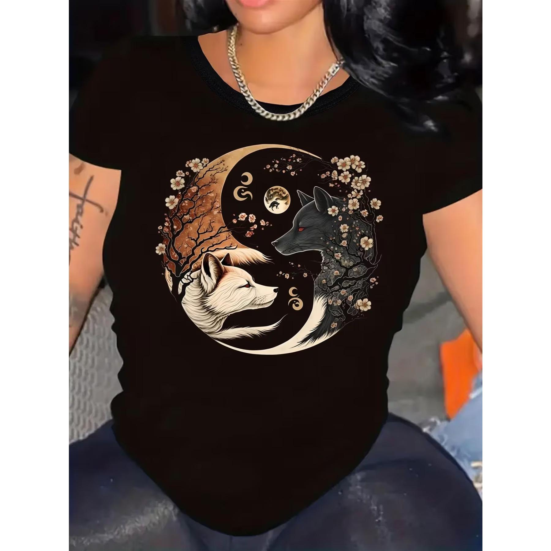 

Women s Plus Size Yin-Yang Floral Wolf & Yin-yang Symbol T-Shirt - Short Sleeve Crew Neck Casual Top S чёрный