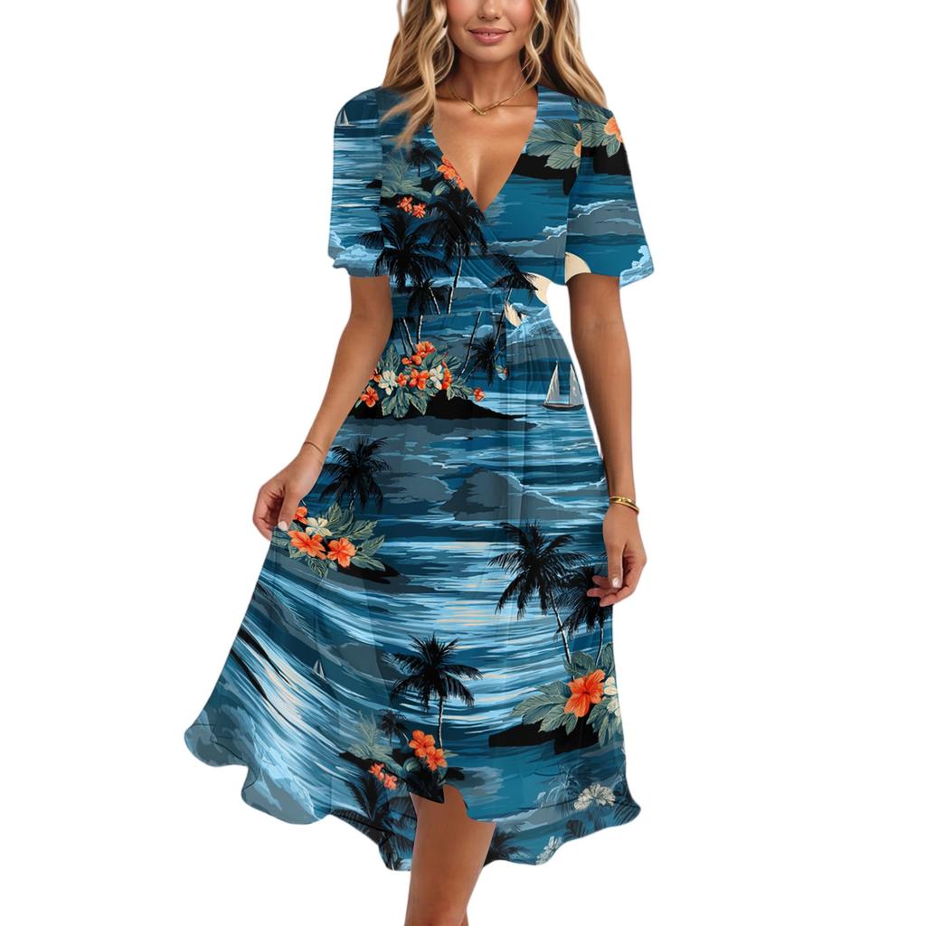 Women's Fashion Casual V Neck Short Sleeve Ruffled Vintage Printed Dresses