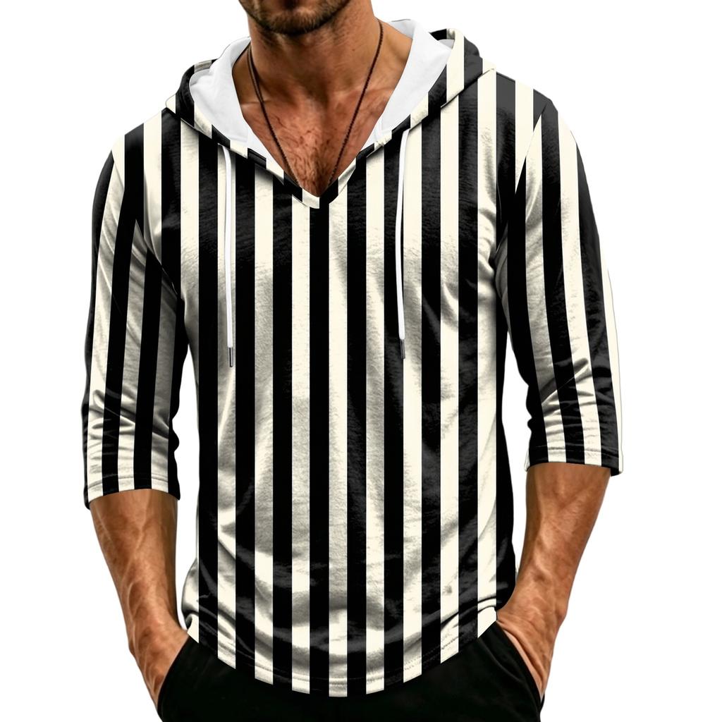 Men's Casual Hooded Striped Three-Quarter Sleeve T-Shirt