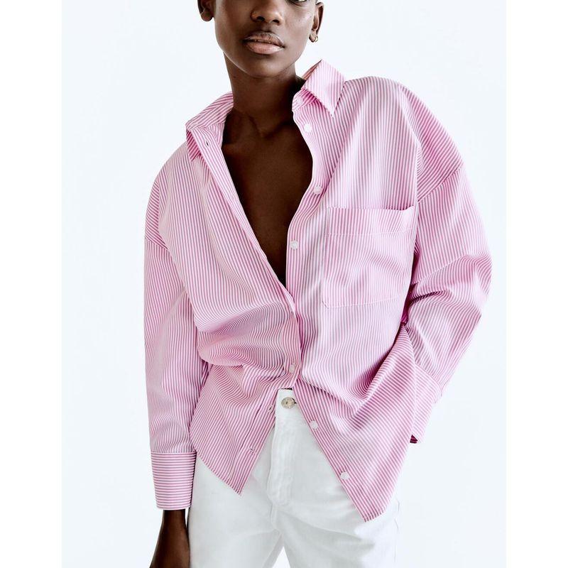 Autumn Loose Pink Long Sleeve Stripes Poplin Bottoming Shirt