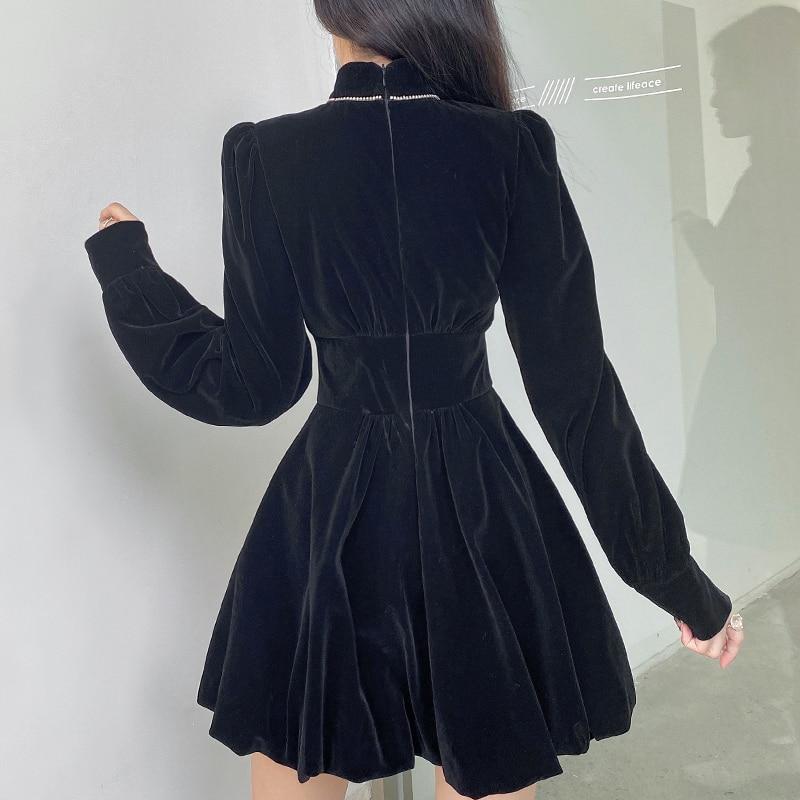 Cheongsam Darlingaga Vintage Elegante Gothic Dark Bow Velour Schwarzes Kleid Herbst Winter Chinesischer Stil Plissee Kleider Party Diamanten Kleidung