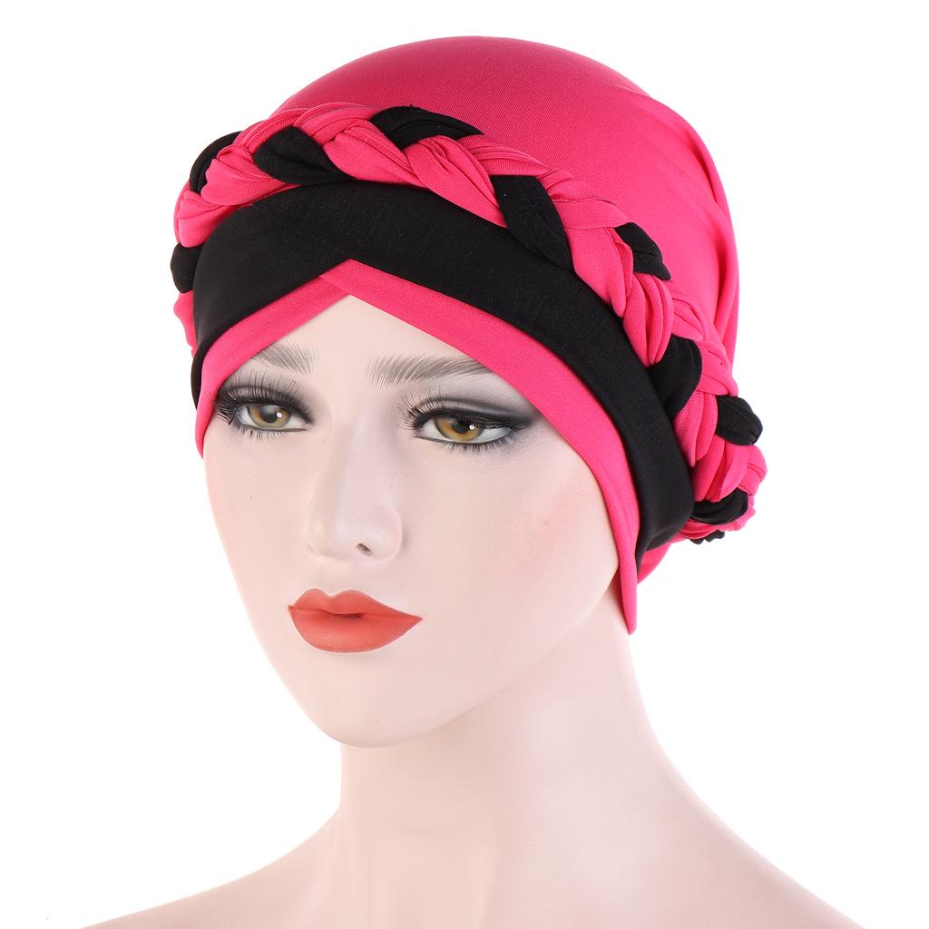 Two-Tone Patchwork Milk Silk Bandana Hat with Short Braid and Hidden Hair Wrap for Muslims