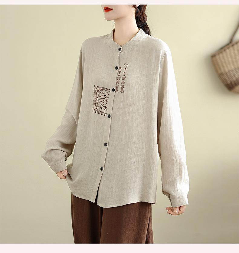 Cotton and Linen Large Size Retro Chinese Embroidered Long-sleeved Shirt Shirt Spring and Autumn Loose All-match Linen Blouse Women