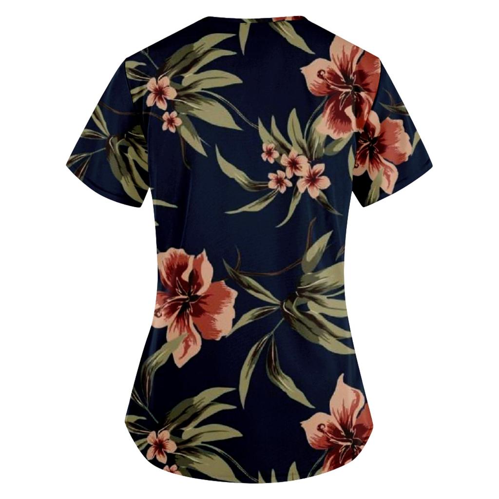 Modische bedruckte Damen-Arbeitsuniform mit Taschen-T-Shirt, kurzärmeliges Oberteil