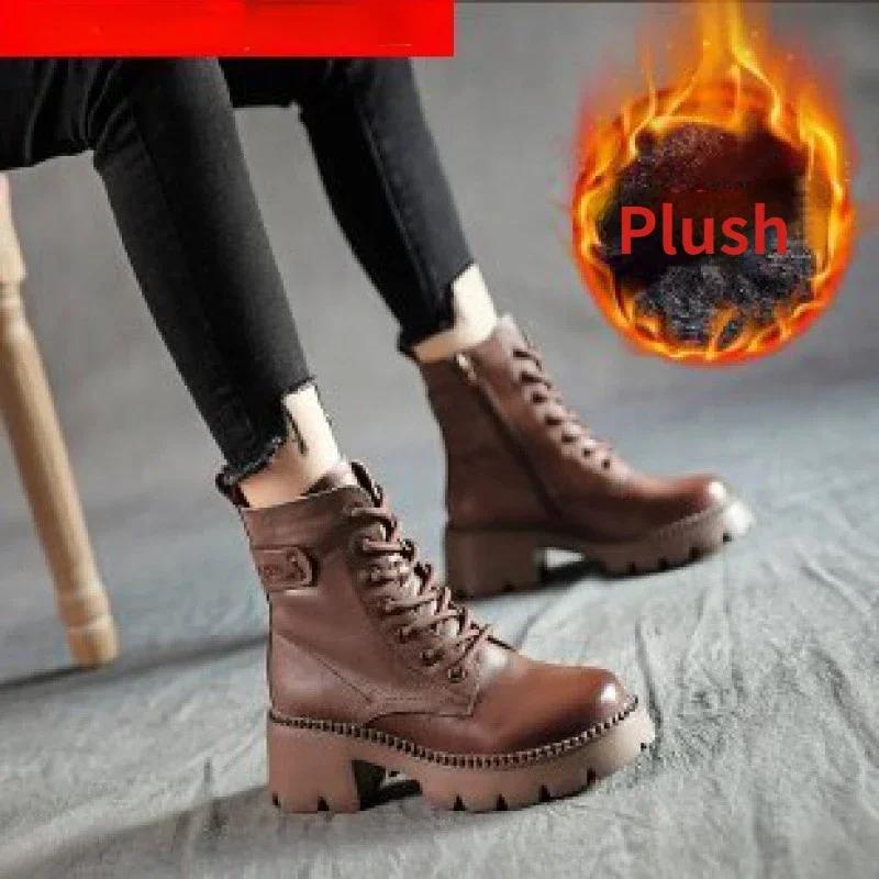 Genuine Leather Women Boots Zip Round Toe Shoes for Women Concise Leisure Sewing Platform Boots