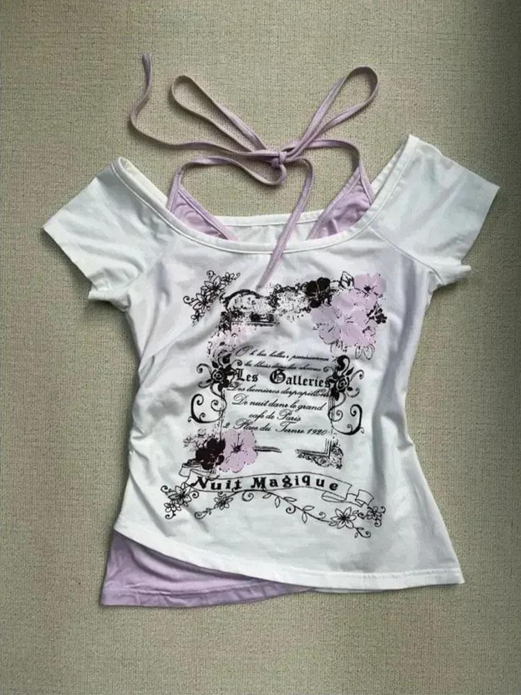 

Винтажные поддельные футболки из двух частей с бретелькой через шею на шнуровке Y2k Slim Fit с принтом, женские футболки с коротким рукавом и открытыми плечами S белый