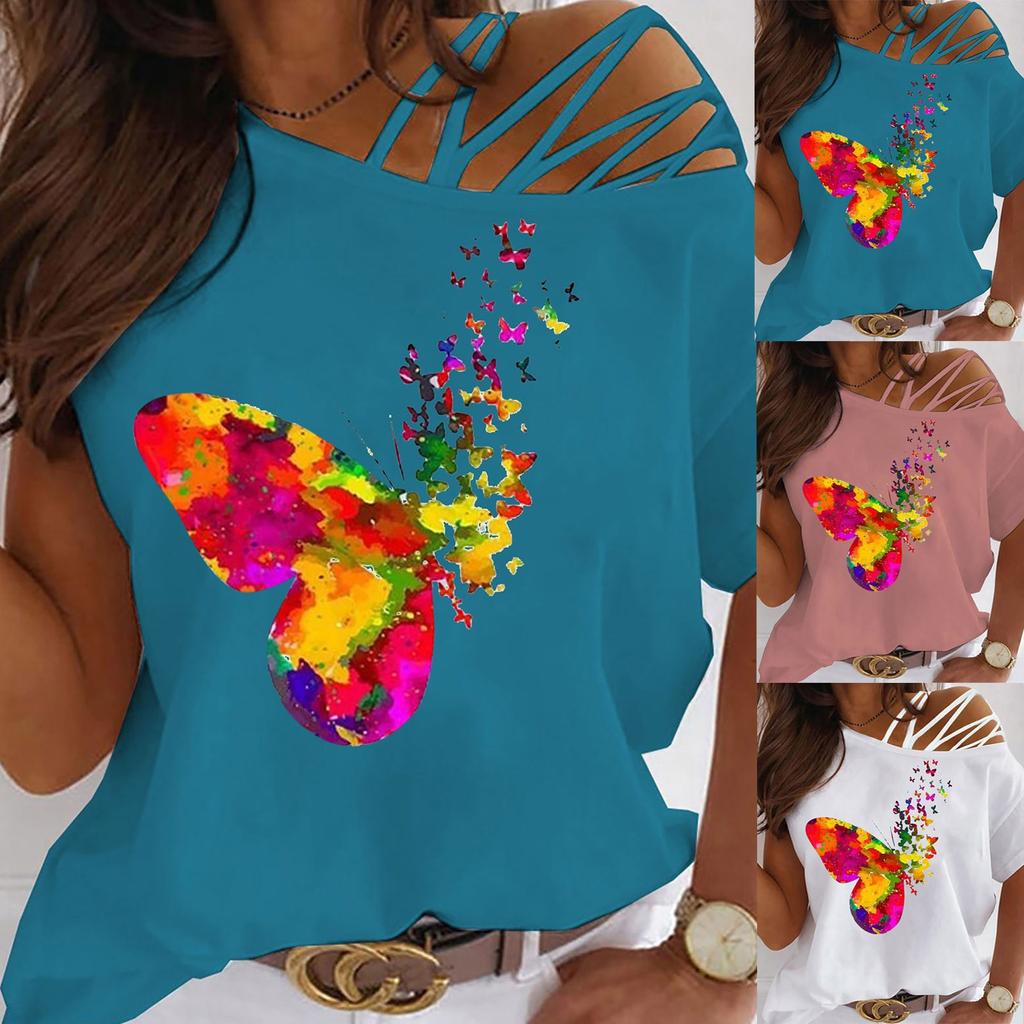 Damen Schmetterling Print T-Shirt - Sommer Top Kurzarm Mit Rundhals