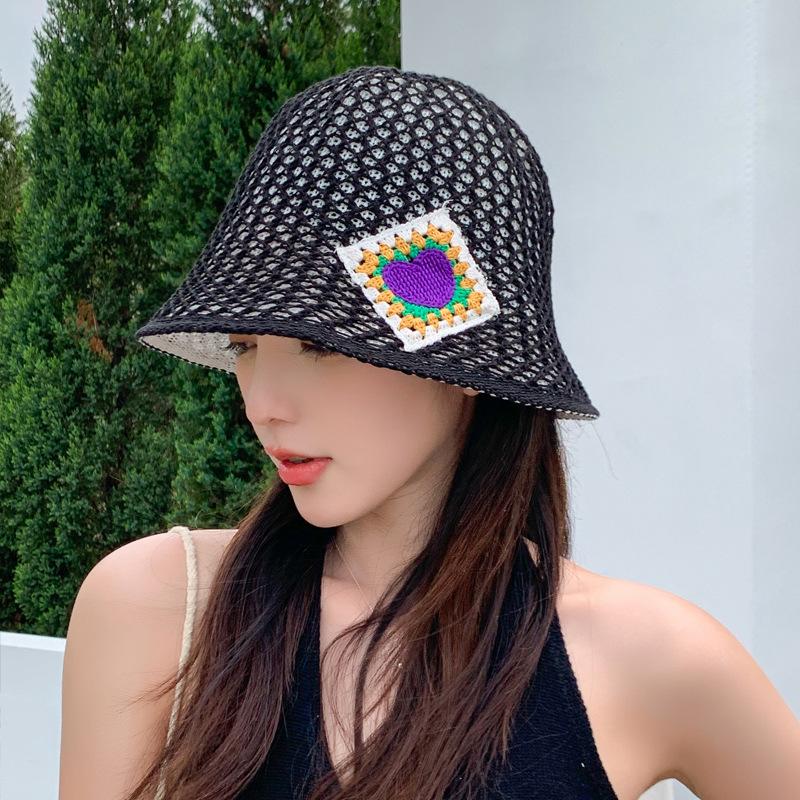 Knitted Bucket Hat Summer Hat Women Hollow Breathable Small Peach Heart Sun Hat Sunscreen Sun Hat Tide