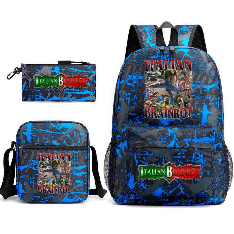 Abstract Foreign Shanhaijing Schoolbag Tongtongsahur Cartoon Primary School Student Backpack Three-piece Set D