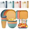 48pcs Plate Sets Wheat Straw Eco-Friendly Ramen Bowl Tableware Dinner Dishes Set Camping Tableware Set With Knife Fork Spoon