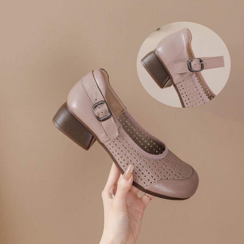 2026 Spring Summer Breathable Genuine Leather Shoes for Women Comfortable Mary Jane Shoes for Daily Wear Plus Size 41
