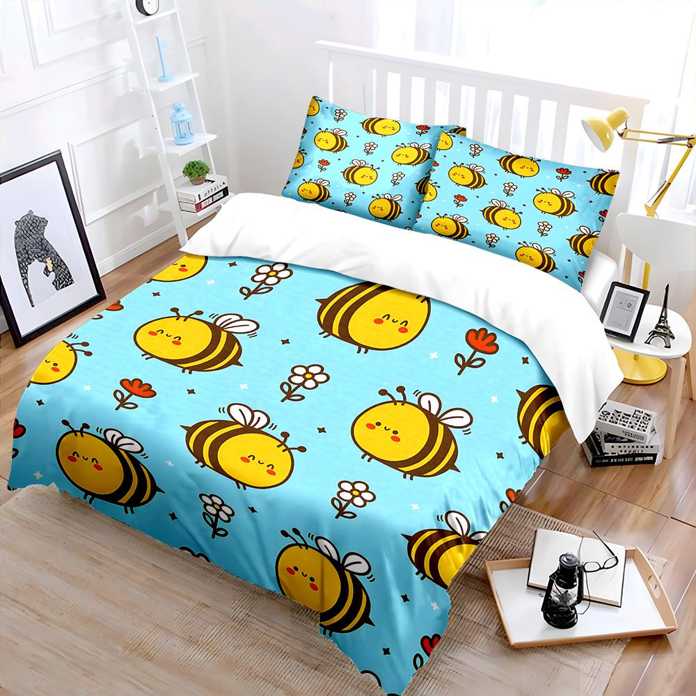 3Pcs Cute Bees And Flower Pattern Bedding Set 1 Duvet Cover 2 Pillowcases For Adult And Children Luxury Gift Full Size
