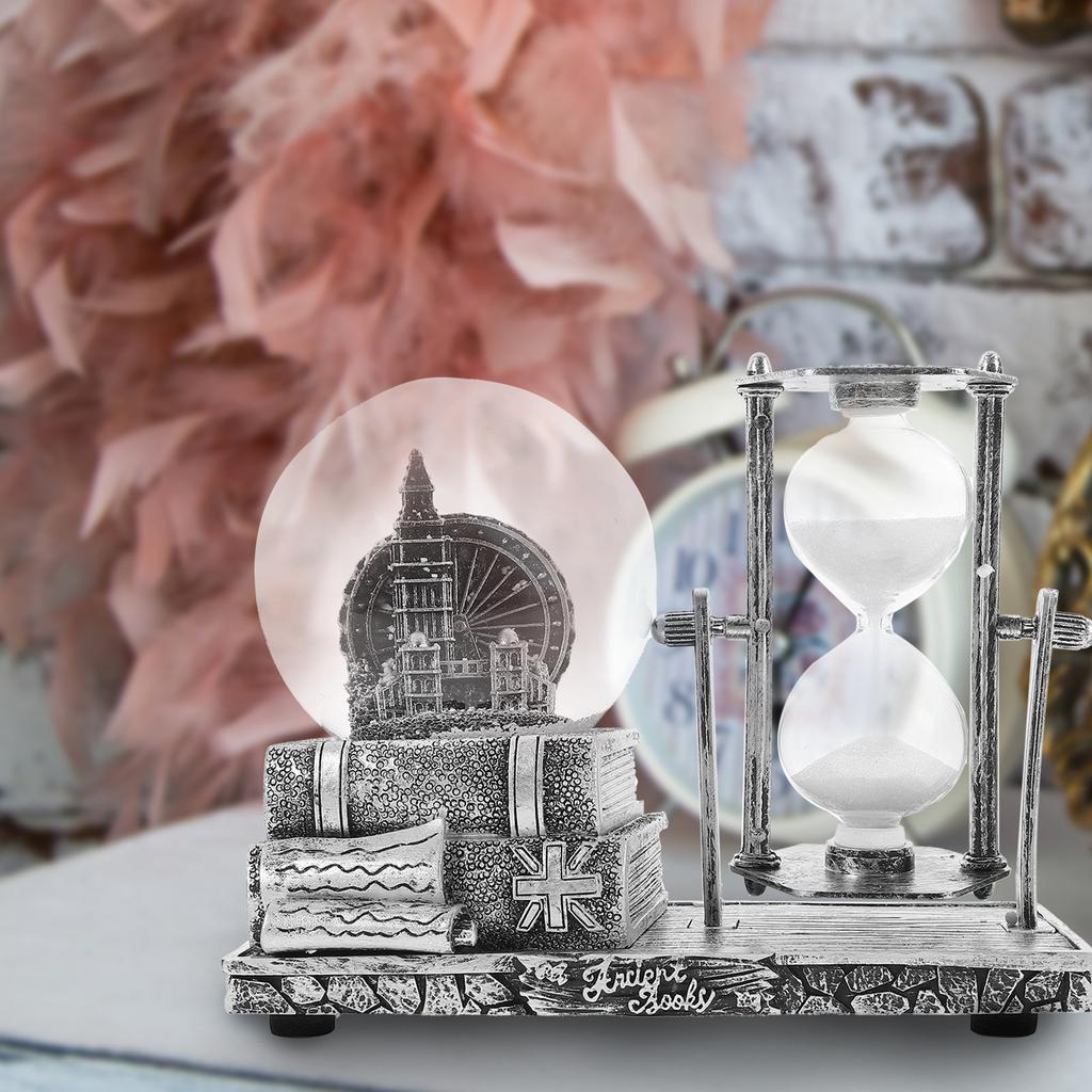 Vintage Resin Sand Clock Desktop Decor with Crystal Snow Globe Design Retro Hourglass Ornament for Office Home Living Room Table