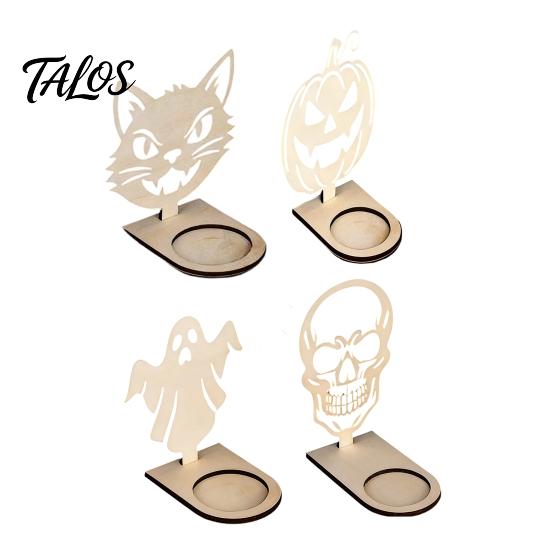 Halloween Party Supplies Wooden Candle Holder Ornaments, Decorative Cat/Pumpkin/ Ghost/Skull Projection Table Centerpiece Stand, Creative Tabletop for