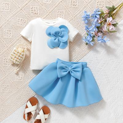 Mädchen Baby Rockanzug 9M-4J Sommermode Mädchen Dreidimensionale Blumen Kurzarm + Schleife Tutu Rock Anzug