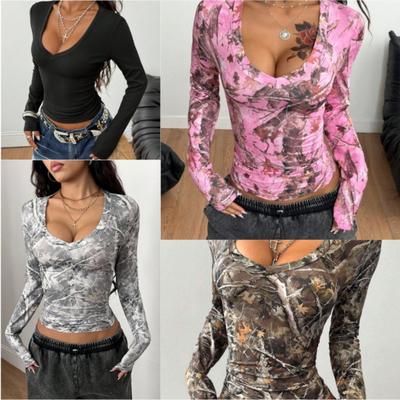 Damen Bauchnabel-Exposition Langarm Sexy Retro Camouflage Zweigmuster U-Ausschnitt Einfarbiges Hemd Oberteile Bluse