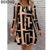 Women Geometric Maze Pattern Print Dress Long Sleeve O-Neck Casual Ladies Dress Female Vintage Elegant A-Line Dress Vestidos