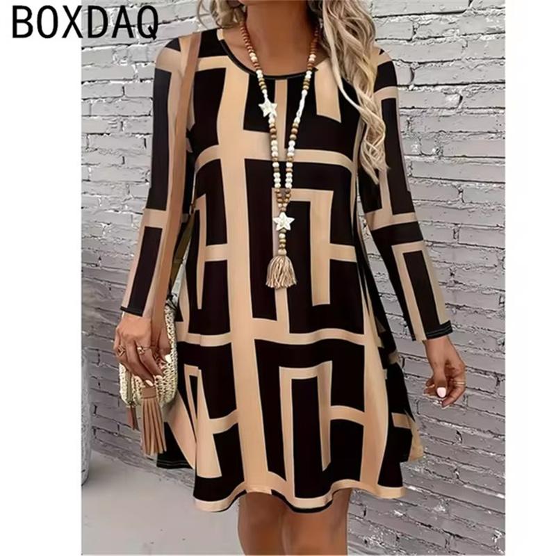 Women Geometric Maze Pattern Print Dress Long Sleeve O-Neck Casual Ladies Dress Female Vintage Elegant A-Line Dress Vestidos