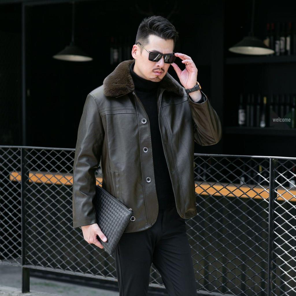 Men's Plus Velvet Leather Jacket with Thickened Fur Collar, Autumn/Winter Warmth, Ideal for Middle-Aged and Elderly Dads and Grandpas.