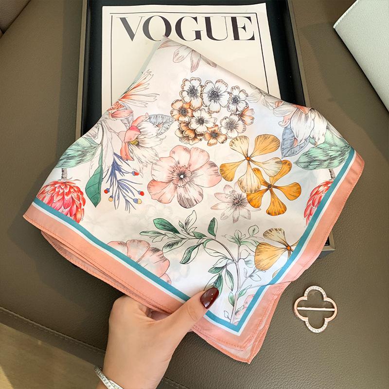 Pink flower silk silk scarf women's mulberry silk small square scarf fashion plain crepe satin high-end silk scarf professional scarf