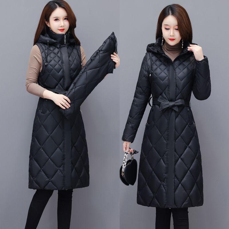 Women Jacket Lightweight Down Cotton Jacket Long Sleeved Detachable Mid Long Parkas Warm Female Winter Coat Outerwear