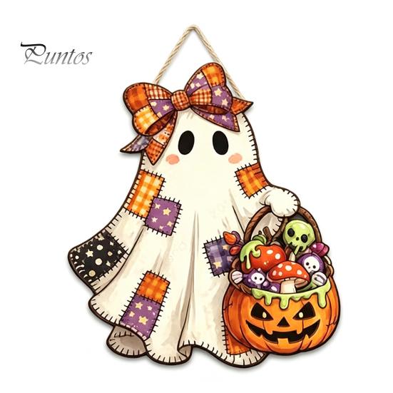 Halloween Theme Pendant Cute Bow Ghost Door Sign, Wooden Patchwork Hanging Plaque with Pumpkin Candy Basket, Indoor Entrance Hanger Retro Wall Lanyard