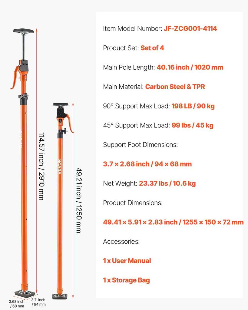 Cabinet Jack Support Pole, 4-Pack, 125-291 cm Steel Telescopic Quick Support Rod, Adjustable 3rd Hand System up to 90 kg Capacity for Installing