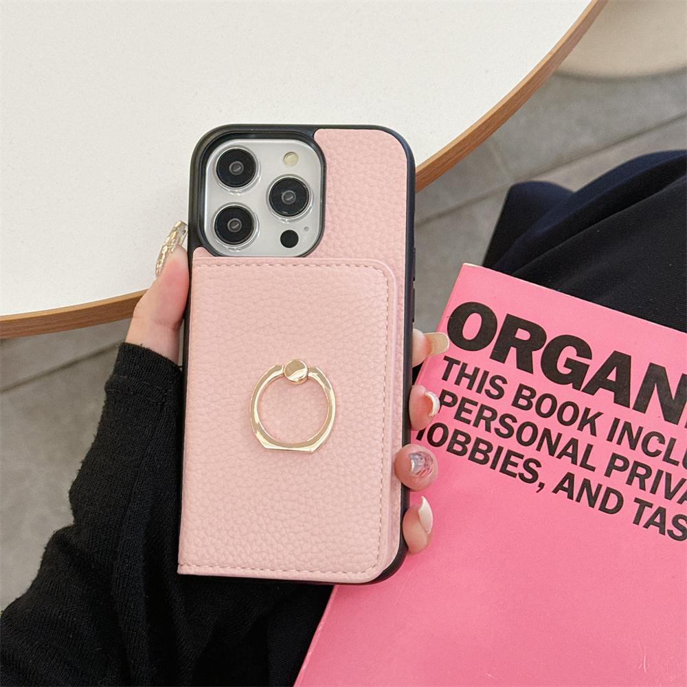 Ring Holder Flip Wallet Case For iPhone 11 12 13 14 15 Pro Max X Xs Max 13 Mini Litchi Leather Card Slot Soft Candy Color Cover