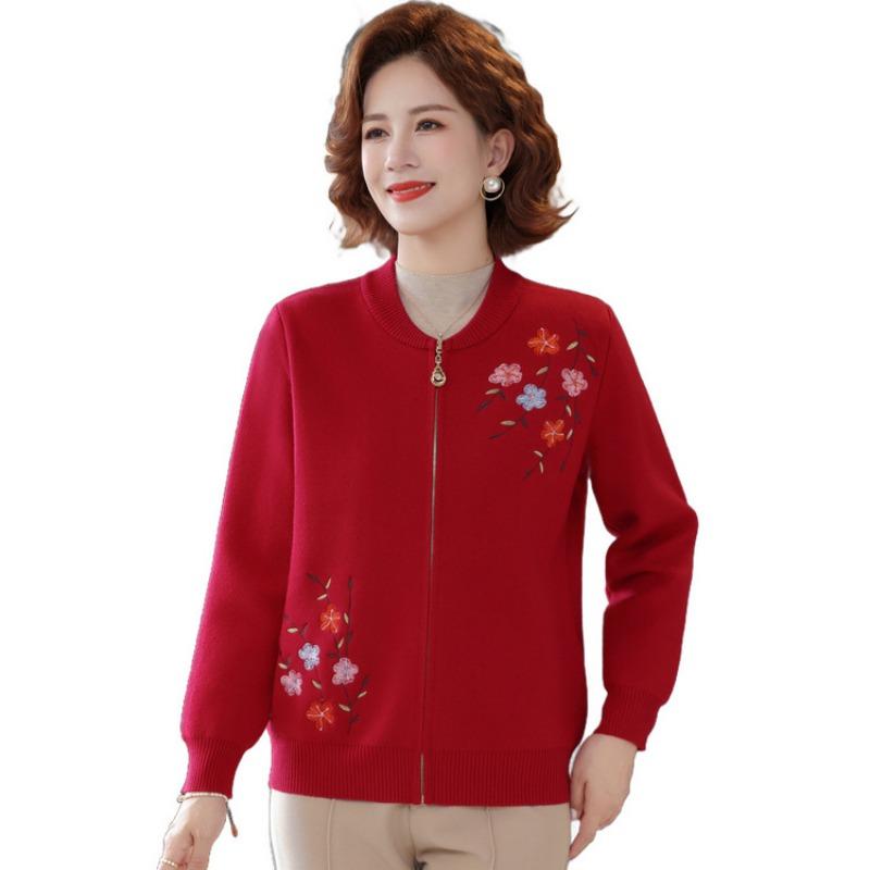 Medium versatile thread coat grandma coat spring and autumn sweater mother small cardigan old man crew neck embroidered knitted sweater