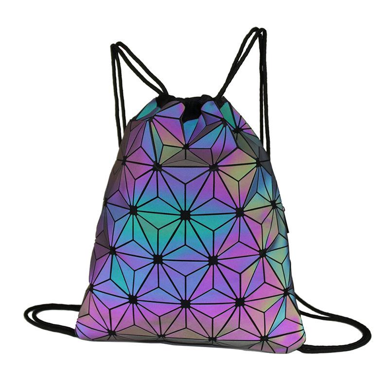 Geometric Lattice Reflective Drawstring Backpack - Unisex Student Shoulder Bag with Luminous Colors