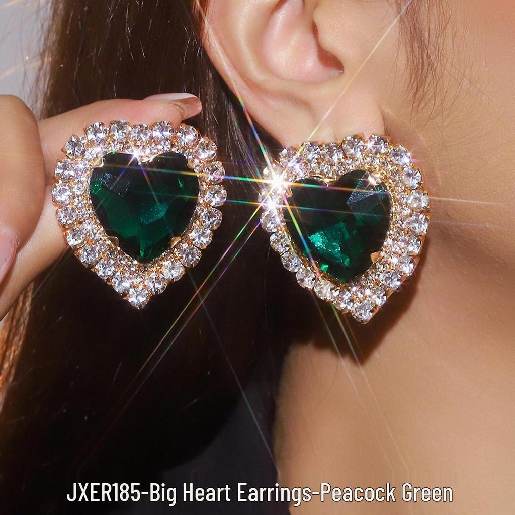 Exaggerated Geometric Heart Crystal Stud Earrings: Pink, Green, Black - Versatile Evening Ear Accessories