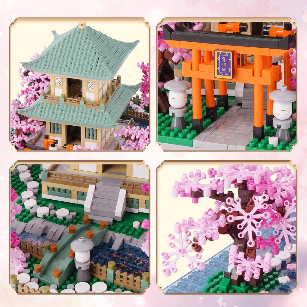 LULUFUN Mikroblock Kirschblüten Spielzeug Garten Miniatur Gebäude Landschaft Kirschblütenbetrachtung Torii Miniblock Bausatz Modell DIY Frühling Mädchen