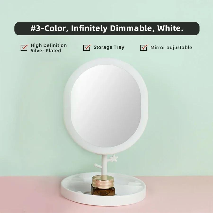 

Вращающееся на 360° светодиодное зеркало для макияжа, складное сенсорное зеркало HD, бесступенчатое затемнение, подставка, косметическое зеркало для девочки, подарок на праздник makeup light белый
