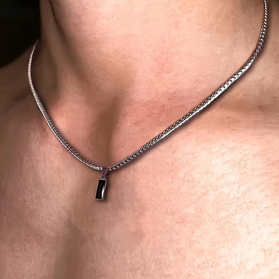 1pc Men's Adjustable Stainless Steel Necklace with Black Synthetic Cubic Zirconiaia Pendant - -Free August Birthstone Suitable for Casual Wear
