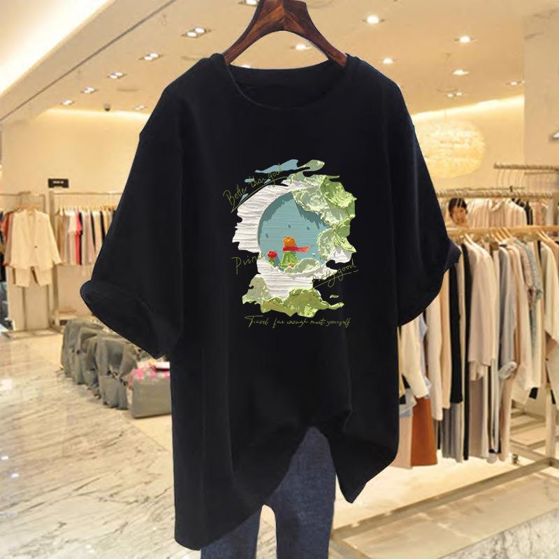 White Cotton Short-sleeved T-shirt Women's 2025 Summer New T-shirt Loose Large Size Medium and Long Large Version Top