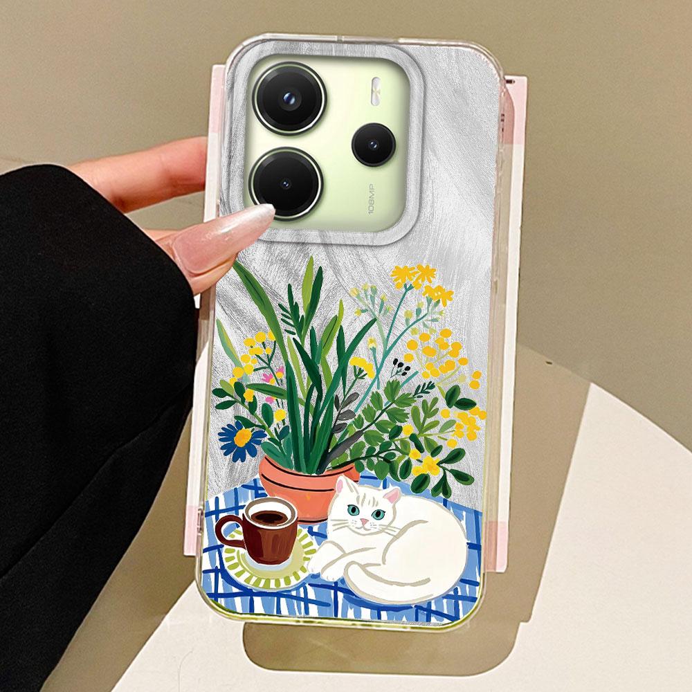 

Белый фарфоровый чехол для телефона с кошкой и цветами для Xiaomi Redmi 13C 14C A5 A3 A4 A3X A1 A2 Note 14 13 12 11 11S 10 Pro Накладка Задняя крышка Redmi Note 12 белый