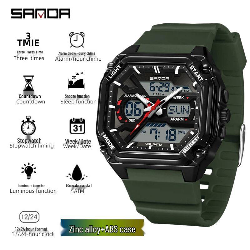 Sanda Men's Multi-Functional Sports Embossed Square Watch with Three-Zone Time and Alarm.