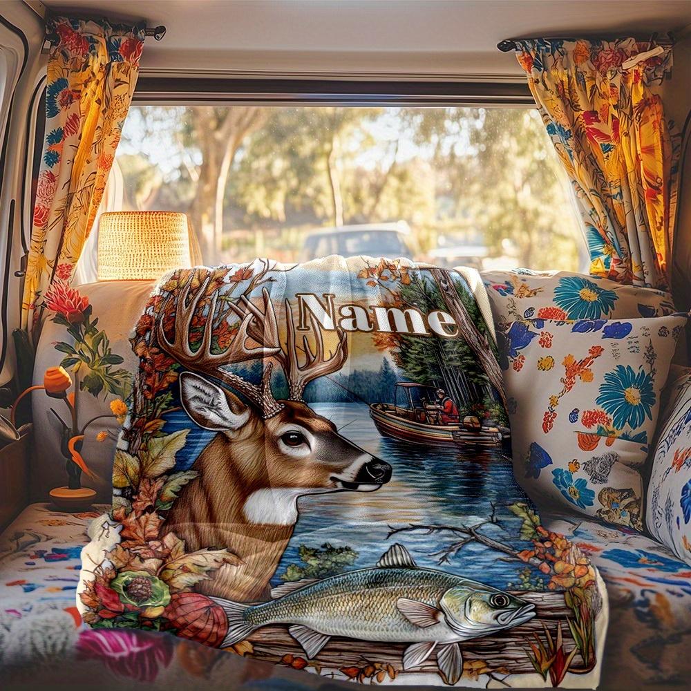 Deer And Fish Customize Your Name Rv Blanket Comfortable Soft Lightweight Allseason Multipurpose Blanket For Travel Camping Picnics Sofas Rvs Beds