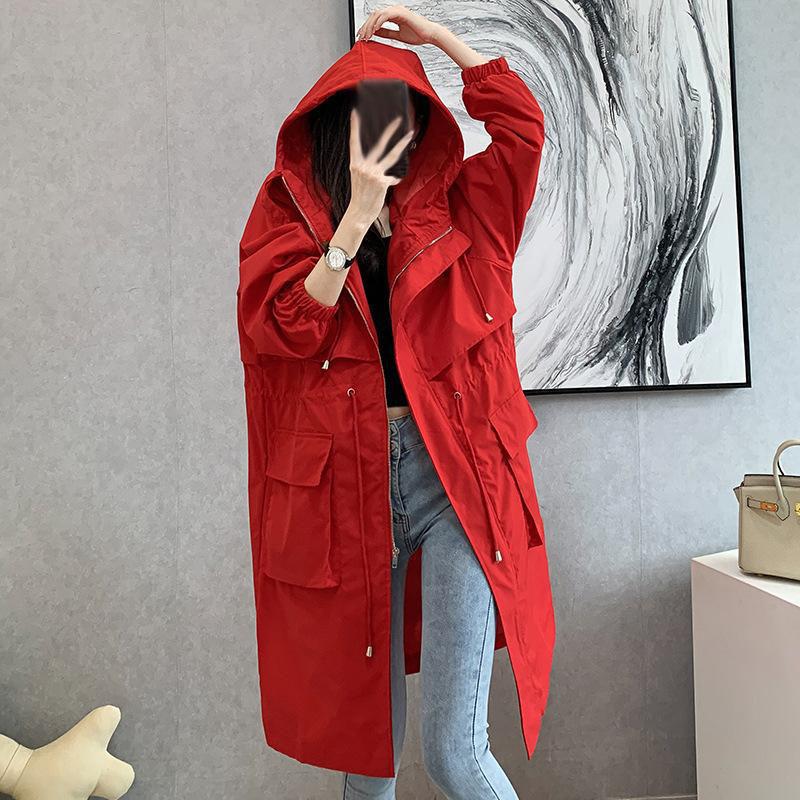Women's Spring Solid Color Hooded Casual Mid-length Straight Thin Jacket
