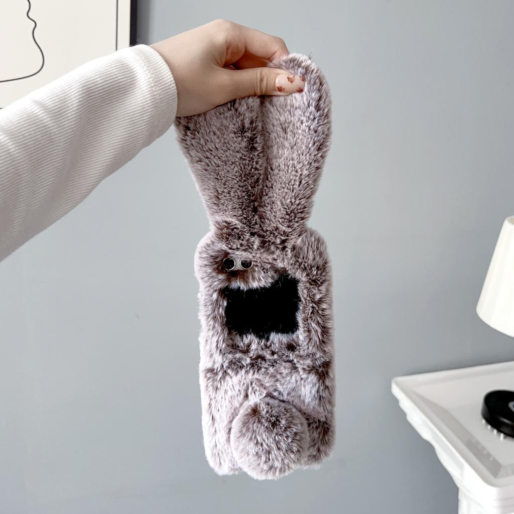 Phone Cases Samsung,Fluffy Furry Phone Case with Bunny Ears | Winter Plush Cover for Foldable Phones