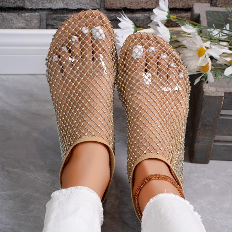 Ladies' Summer Round Toe Sandals with Hollowed Out Internet Celebrity Studded Diamond Short Boots, Sexy Plus Size Flat Shoes, Breathable